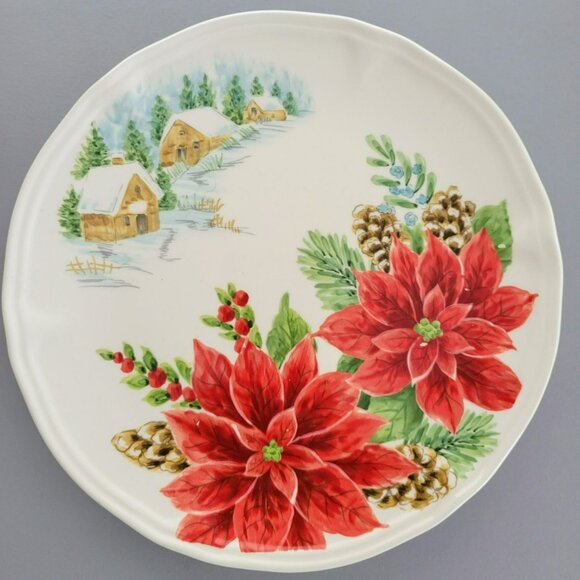 Winter Poinsettia Salad Plate, Set of 2, Cabin in Snow, Pinecone & Floral Design - Picture 2 of 10